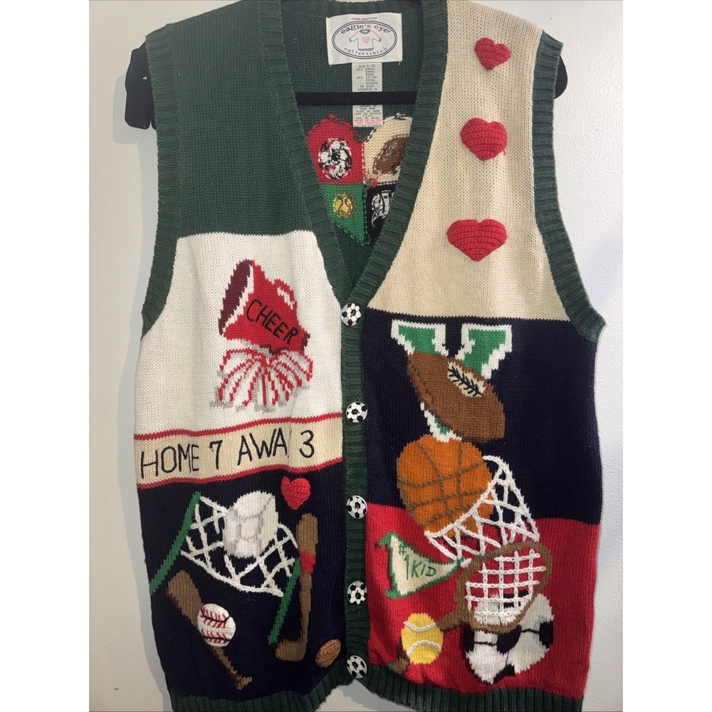 Vtg Eagle's Eye Women's Sz L Sweater Vest Sports Novelty USA 90s Teacher